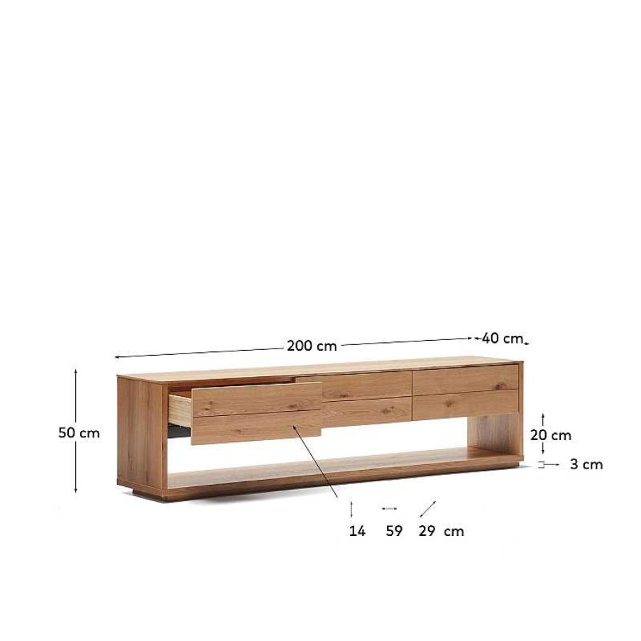 Muebles Kave Home | Mueble Tv Alguema 3 Cajones En Chapa De Roble Con Acabado Natural 200 X 51 Cm