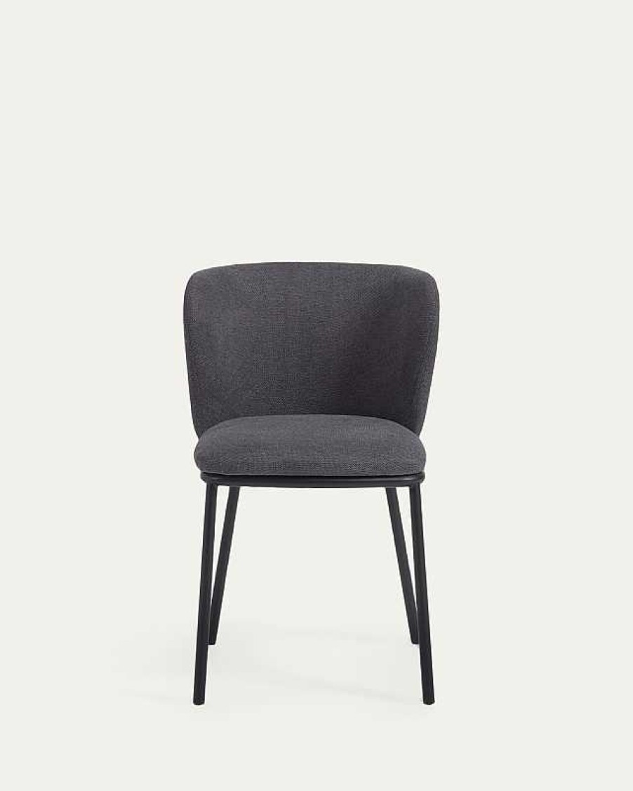 Sillas Kave Home | Silla Ciselia De Chenilla Gris Oscuro Y Acero Negro