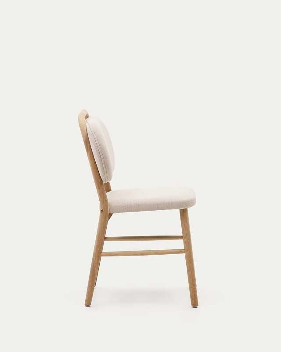 Sillas Kave Home | Silla Helda De Chenilla Beige Y Madera Maciza De Roble