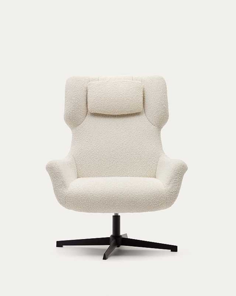 Sillones Kave Home | Butaca Giratoria Con Brazos Zalina De Borreguito Blanco Y Acero Con Acabado Negro