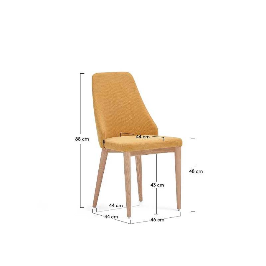 Sillas Kave Home | Silla Rosie De Chenilla Mostaza Y Patas De Madera Maciza De Fresno Con Acabado Natural