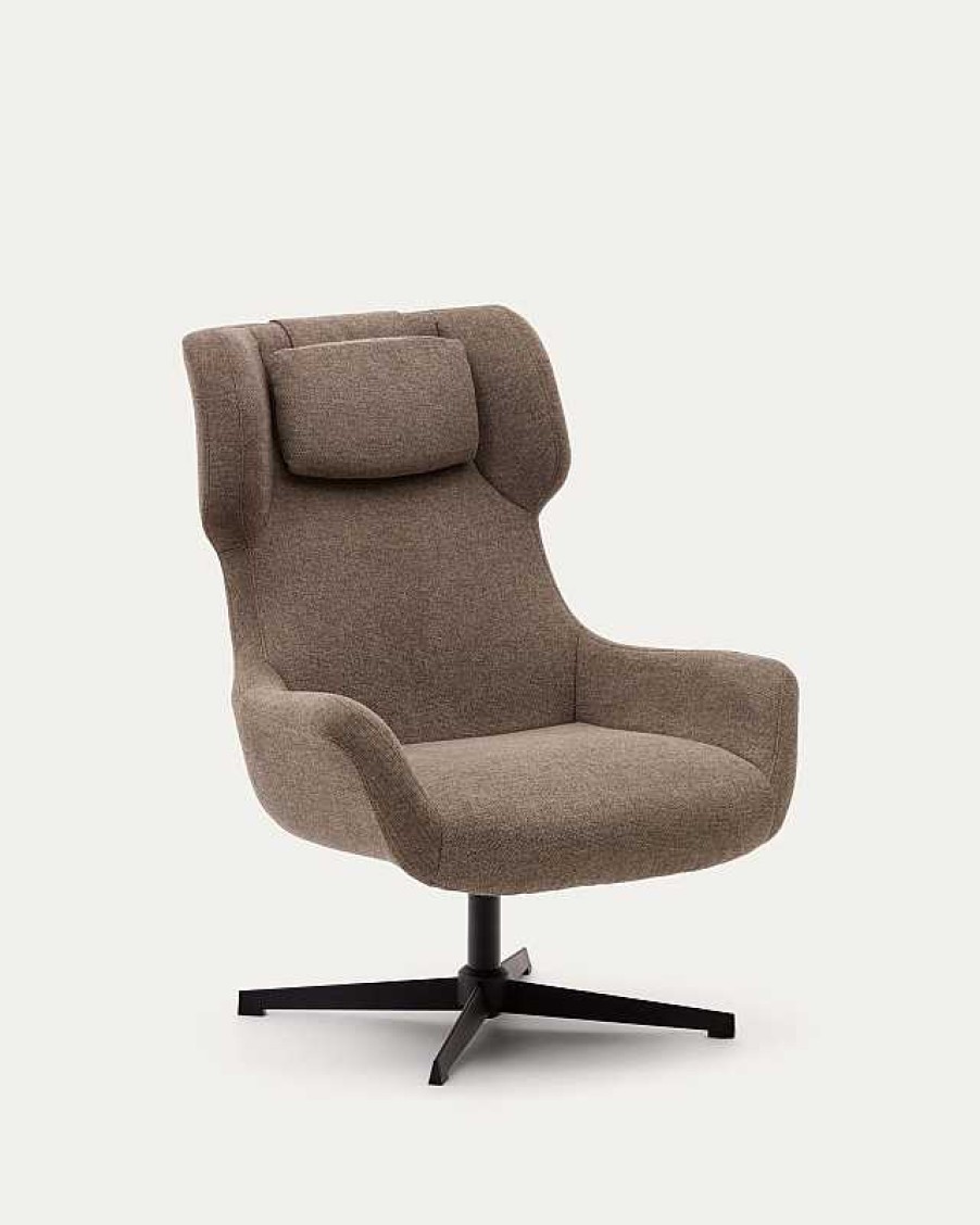 Sillones Kave Home | Butaca Giratoria Con Brazos Zalina De Chenilla Marr N Claro Y Acero Con Acabado Negro