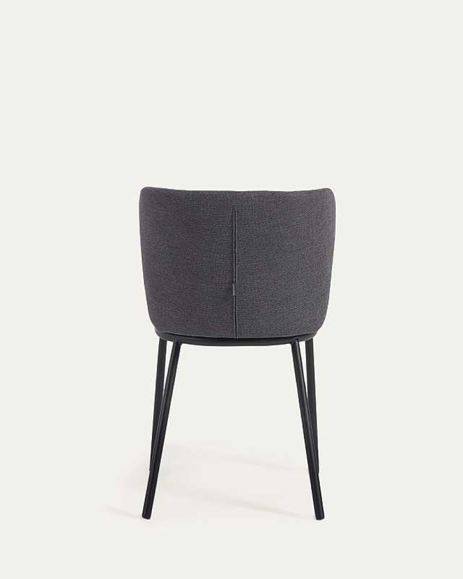 Sillas Kave Home | Silla Ciselia De Chenilla Gris Oscuro Y Acero Negro