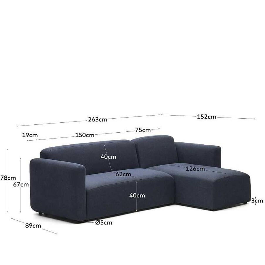 Sof S Kave Home | Sof Modular Neom 3 Plazas Chaise Longue Derecho/Izquierdo Azul 263 Cm