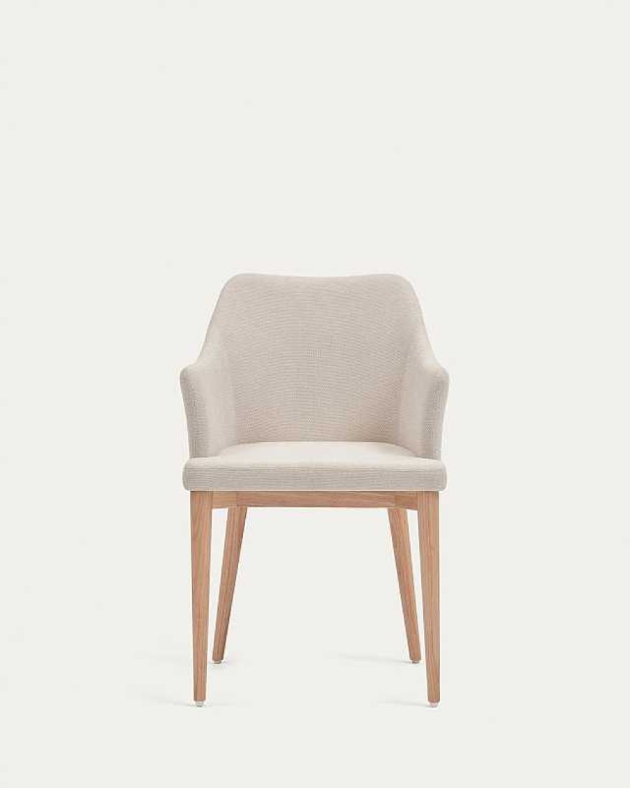 Sillas Kave Home | Silla Croft De Chenilla Beige Y Patas De Madera Maciza De Fresno