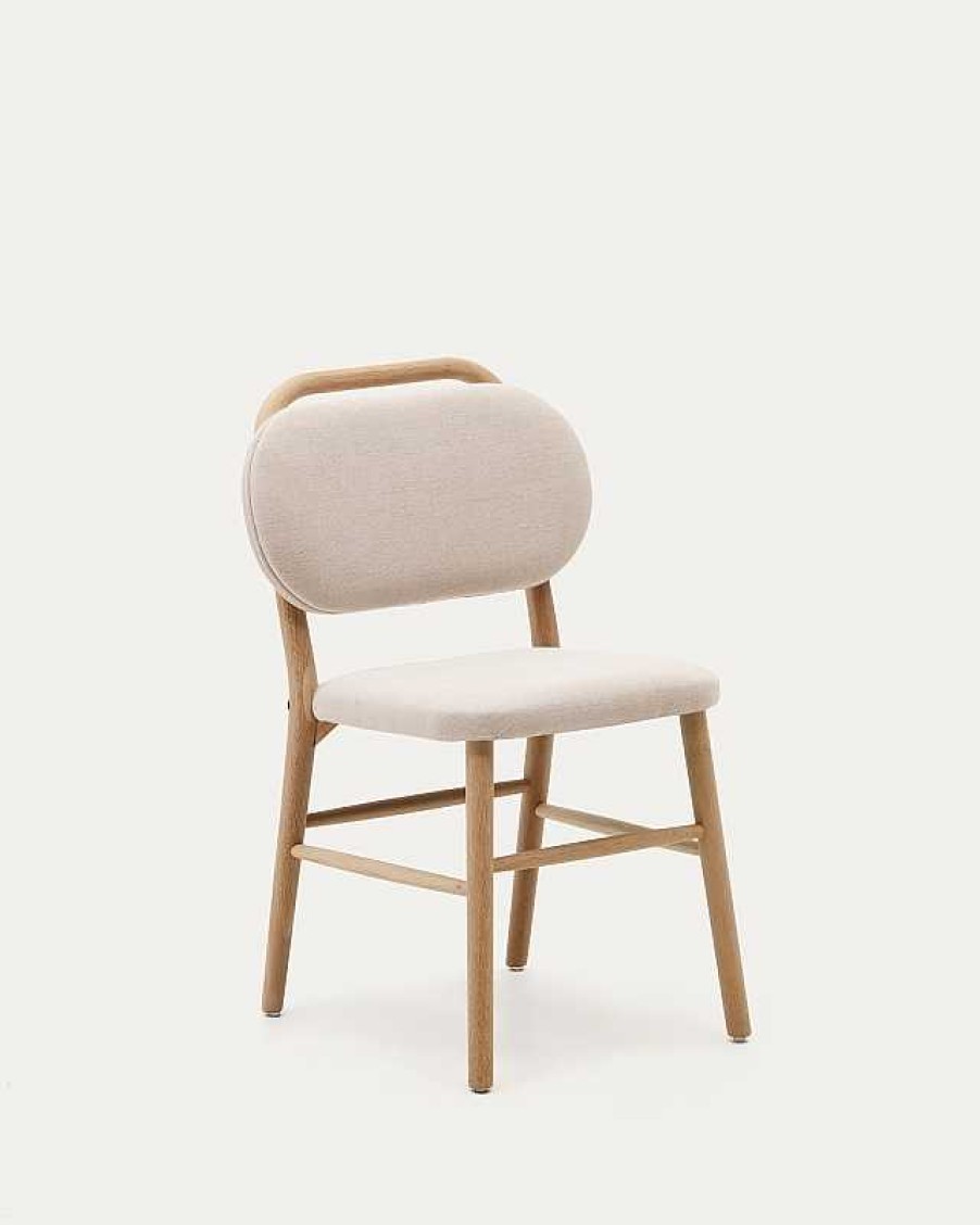 Sillas Kave Home | Silla Helda De Chenilla Beige Y Madera Maciza De Roble