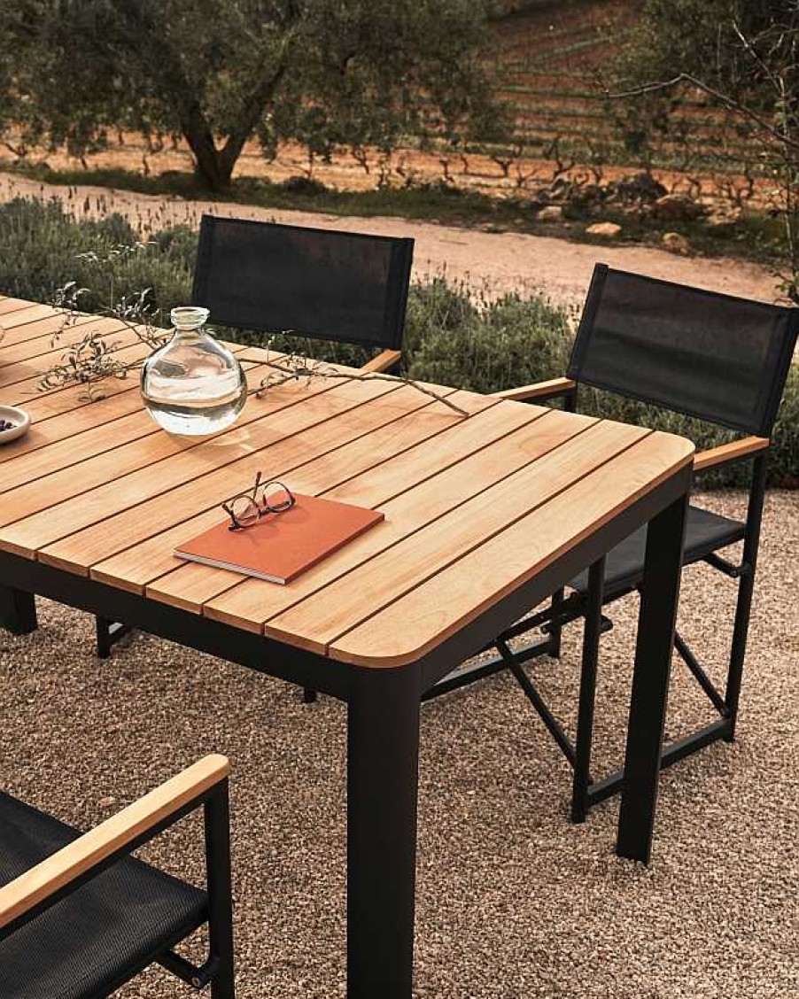 Muebles De Jard N Kave Home | Mesa Exterior Bona Madera Maciza De Teca Y Aluminio Con Acabado Negro 200 X 100 Cm