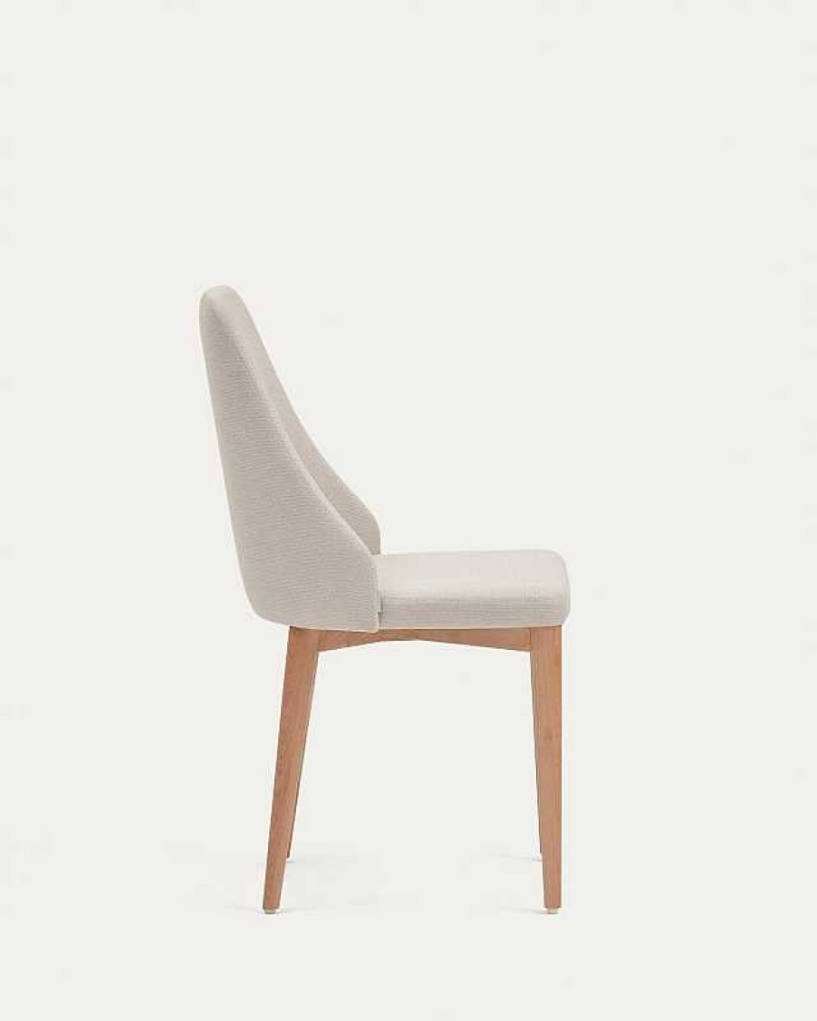 Sillas Kave Home | Silla Rosie De Chenilla Beige Y Patas De Madera Maciza De Fresno Con Acabado Natural