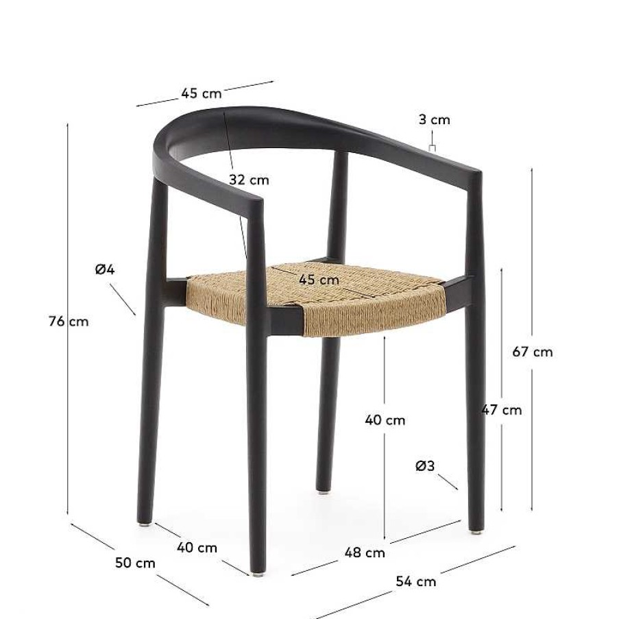 Muebles De Jard N Kave Home | Silla Apilable Exterior Ydalia De Madera Maciza De Teca Negro Y Cuerda De Rat N Sint Tico