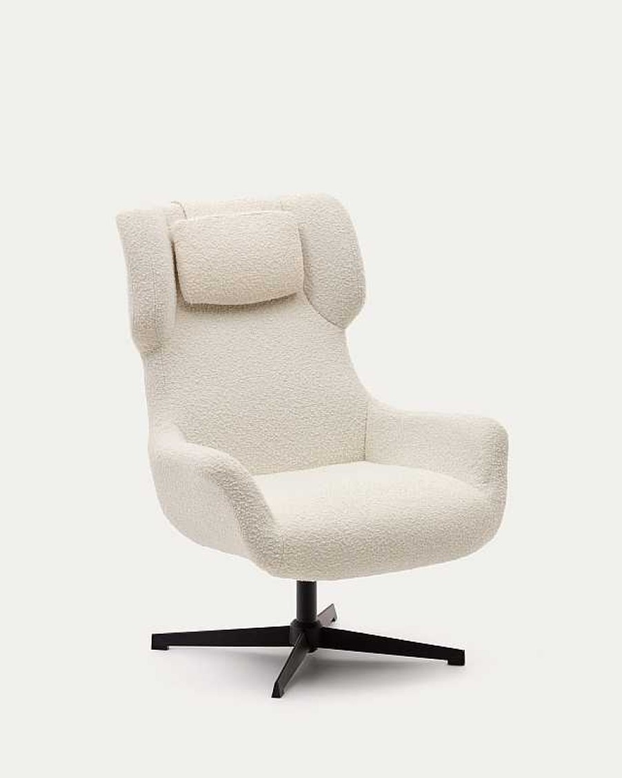 Sillones Kave Home | Butaca Giratoria Con Brazos Zalina De Borreguito Blanco Y Acero Con Acabado Negro