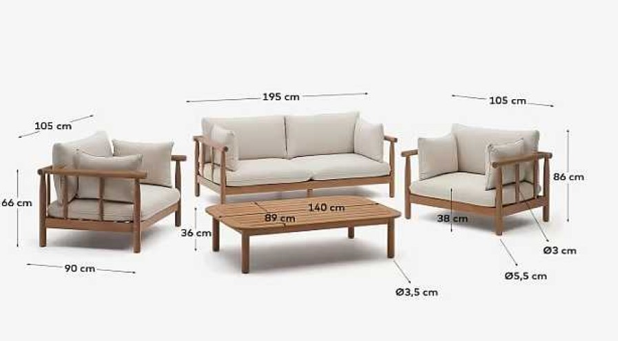 Muebles De Jard N Kave Home | Set Sacova 2 Sillones, Sof 2 Plazas Y Mesa De Centro Madera Maciza De Eucalipto Fsc 100%