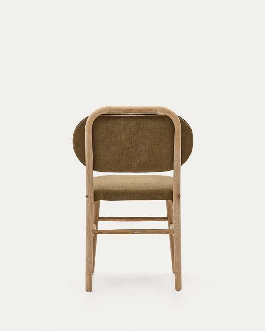 Sillas Kave Home | Silla Helda De Chenilla Verde Y Madera Maciza De Roble