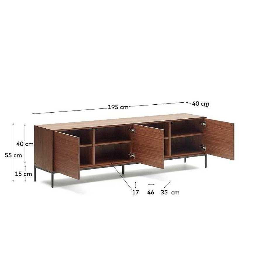 Muebles Kave Home | Mueble Tv Vedrana 3 Puertas De Chapa De Nogal Y Patas De Acero Negro 195 X 55 Cm