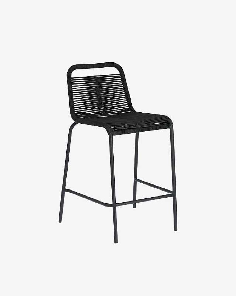 Muebles De Jard N Kave Home | Taburete Cocina Lambton De Cuerda Negro Y Acero Con Acabado Negro Altura 62 Cm