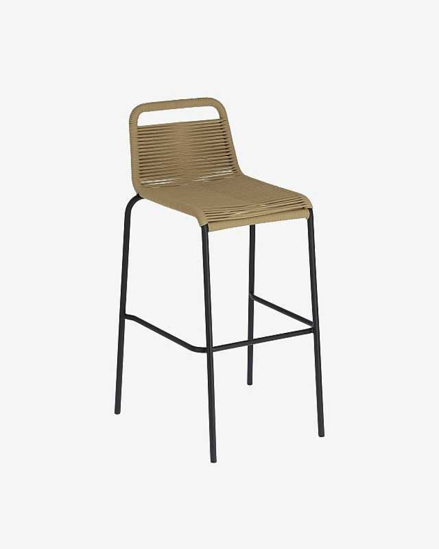 Muebles De Jard N Kave Home | Taburete Bar Lambton De Cuerda Marr N Y Acero Con Acabado Negro Altura 74 Cm