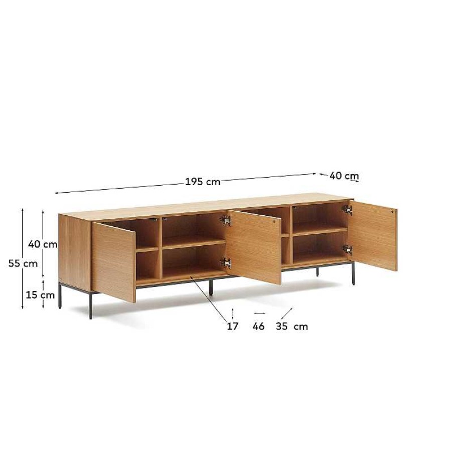 Muebles Kave Home | Mueble Tv Vedrana 3 Puertas De Chapa De Roble Y Patas De Acero Negro 195 X 55 Cm