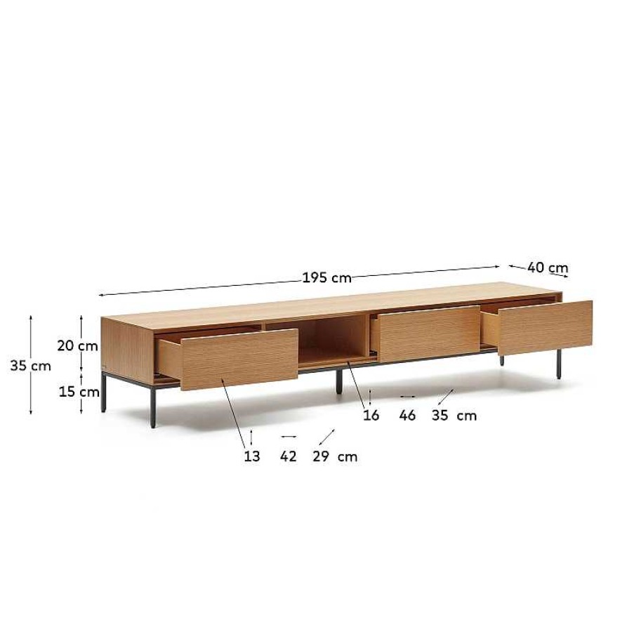 Muebles Kave Home | Mueble Tv Vedrana 3 Cajones De Chapa De Roble Y Patas De Acero Negro 195 X 35 Cm