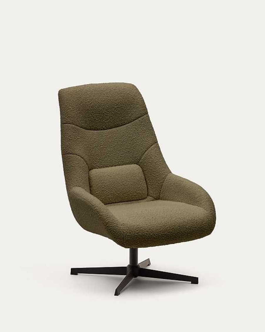 Sillones Kave Home | Butaca Giratoria Celida De Borreguito Verde Oscuro Y Acero Con Acabado Negro