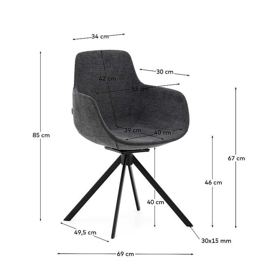 Sillas Kave Home | Silla Escritorio Giratoria Autoretorno Tissiana Chenilla Gris Oscuro Y Acero Negro Mate