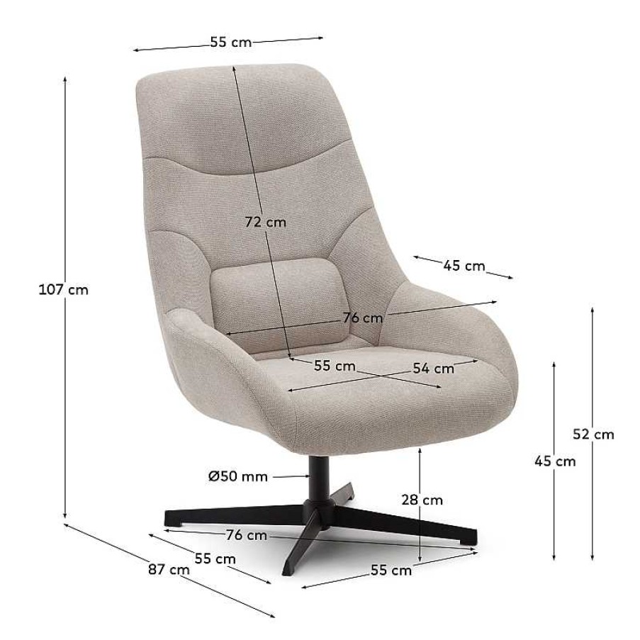 Sillones Kave Home | Butaca Giratoria Celida De Chenilla Beige Y Acero Con Acabado Negro