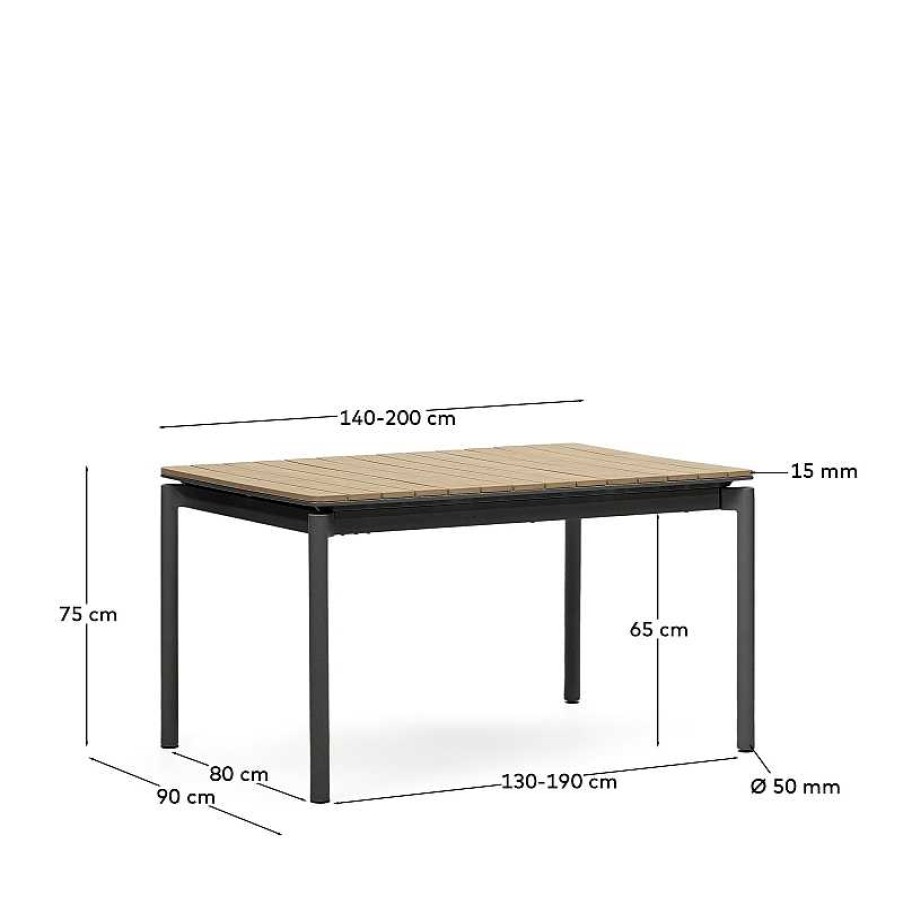 Muebles De Jard N Kave Home | Mesa Extensible De Exterior Canyelles De Polimadera Y Aluminio Negro Mate 140 (200) X 90 Cm