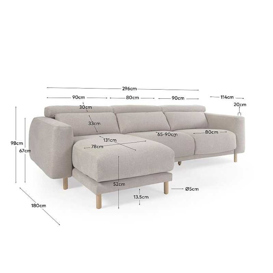 Sof S Kave Home | Sof Singa 3 Plazas Con Chaise Longue Izquierdo Beige 296 Cm