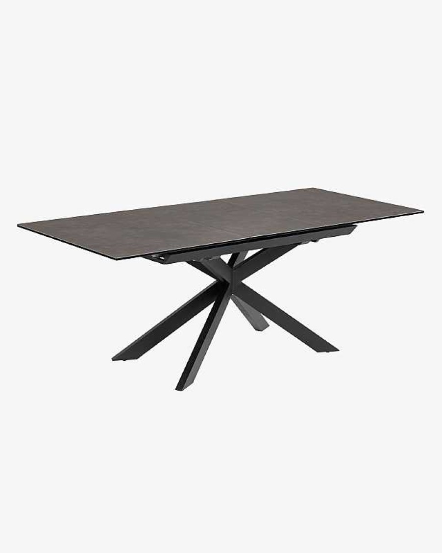 Mesas Kave Home | Mesa Extensible Atminda Porcel Nico Patas Acero Acabado Negro 160 (210) X 90 Cm