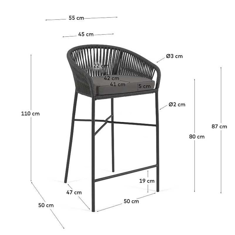 Muebles De Jard N Kave Home | Taburete Bar Yanet De Cuerda Negro Y Acero Galvanizado Altura 80 Cm